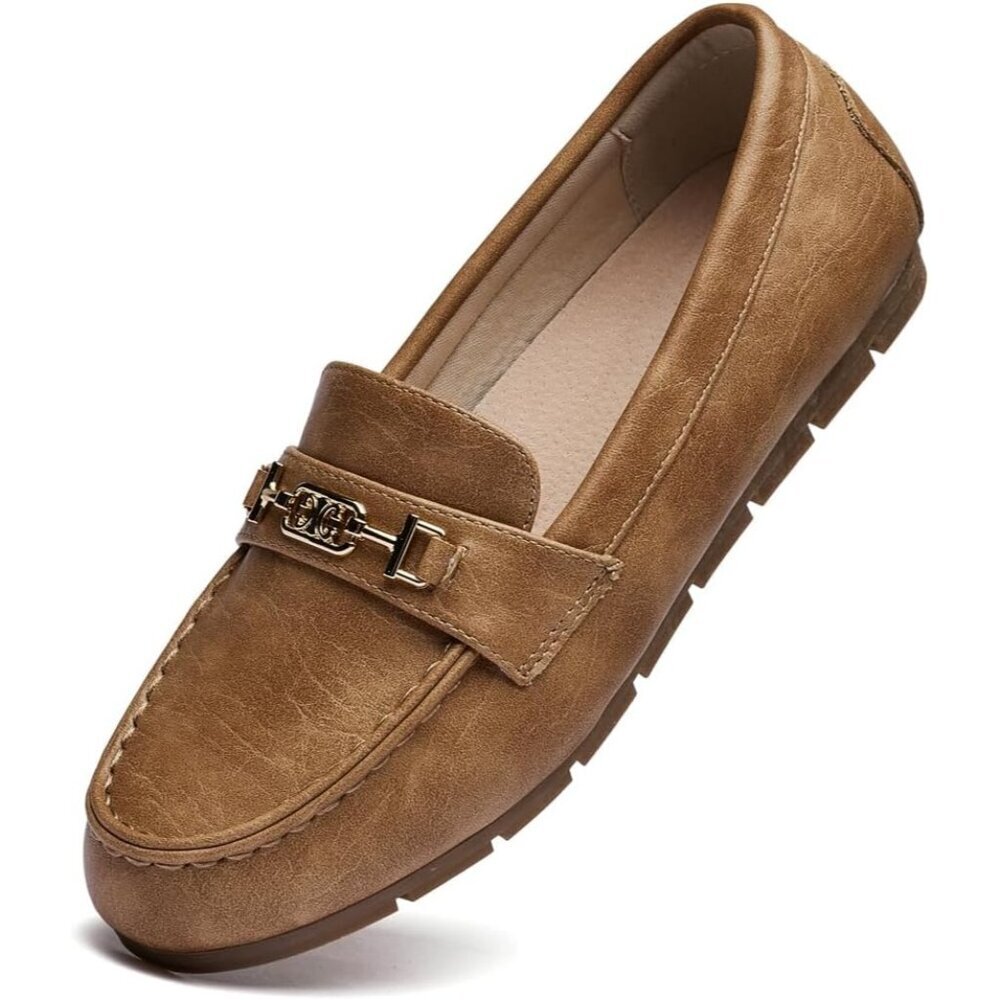 Women Khaki Polyurethane Accent Buckle Leisure Slip On Walking Flats Shoes